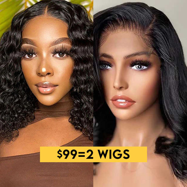 [$99 = 2 Wigs] Deep Wave with Body Wave Glueless Lace Closure Human Hair Wig Junoda Flash Sale junoda