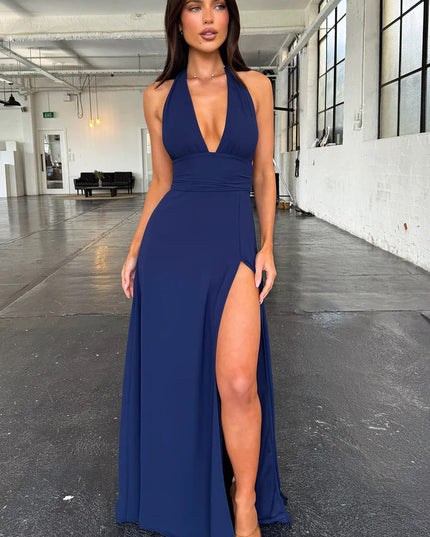 Spring New Women's Style Hanging Neck V-neck Slit Long Solid Color Dress