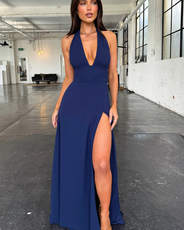 Spring New Women's Style Hanging Neck V-neck Slit Long Solid Color Dress