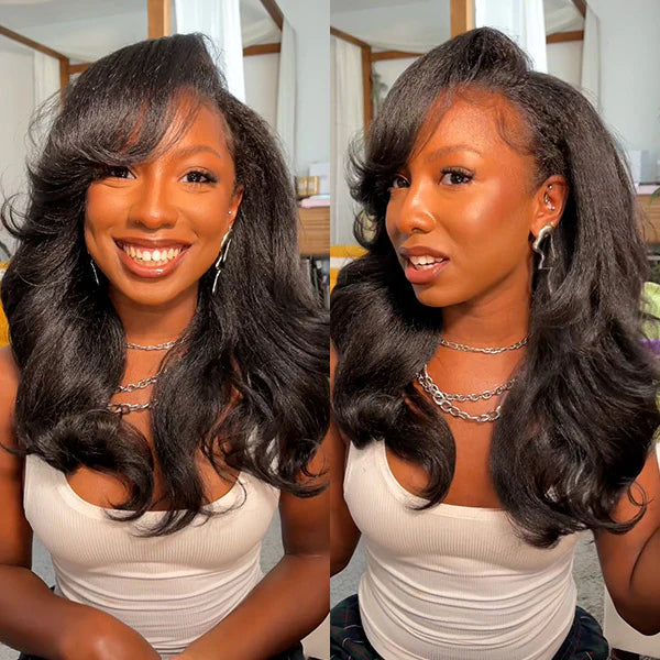 Invisible Hairline Drawstring Wig Kinky Straight Flip Over Wig For Beginner junoda