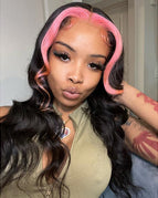 220% High Density / Black+Pink 30inch 13x4 Side Part At Left