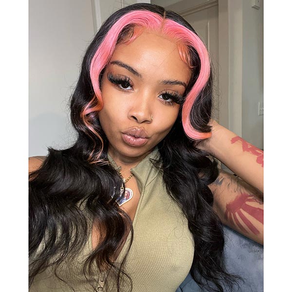 Skunk Stripe Colored Wig Hair Body Wave Human Hair Lace Front Wigs High Density junoda