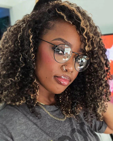 Highlight Brown Kinky Curly Drawstring Wig Draw-strings Flip Over Wig junoda