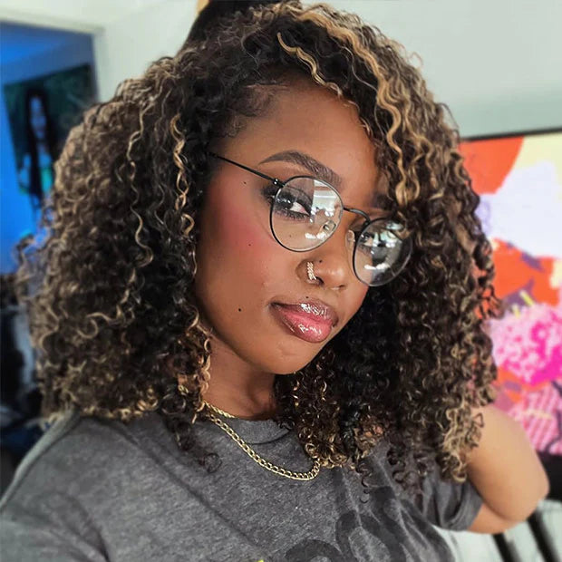 Highlight Brown Kinky Curly Drawstring Wig Draw-strings Flip Over Wig junoda