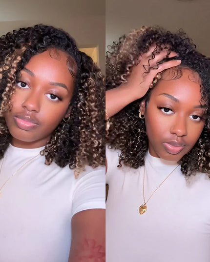 Highlight Brown Kinky Curly Drawstring Wig Draw-strings Flip Over Wig junoda