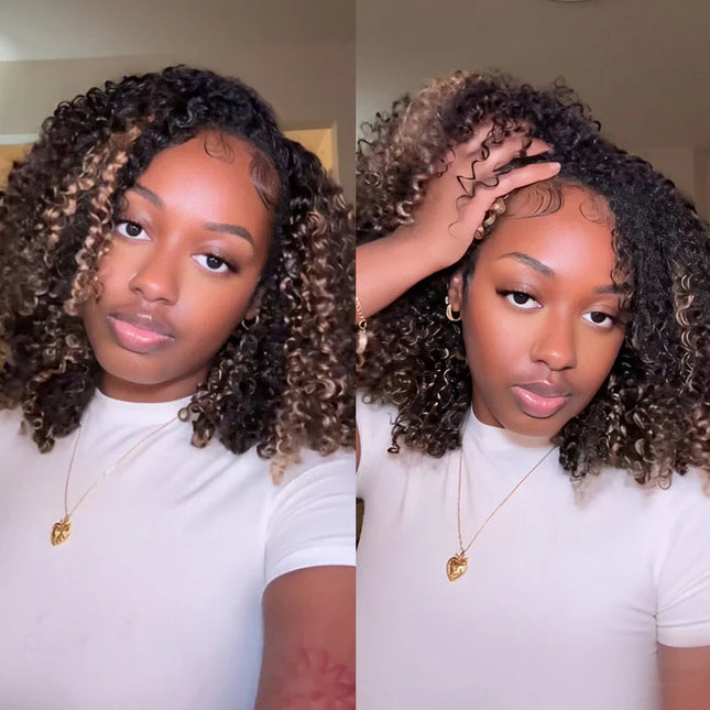 Highlight Brown Kinky Curly Drawstring Wig Draw-strings Flip Over Wig junoda