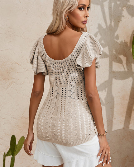 Beige Pointelle Knit Flutter Sleeve Sweater