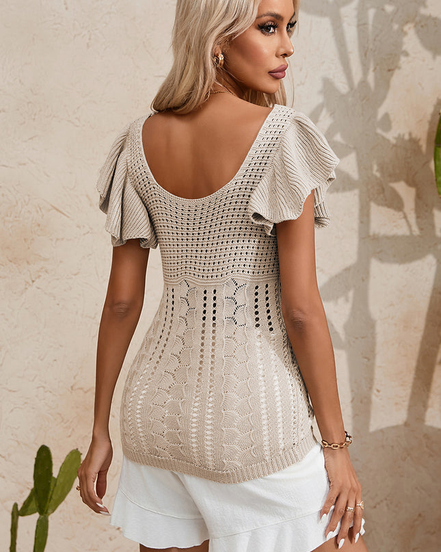 Beige Pointelle Knit Flutter Sleeve Sweater