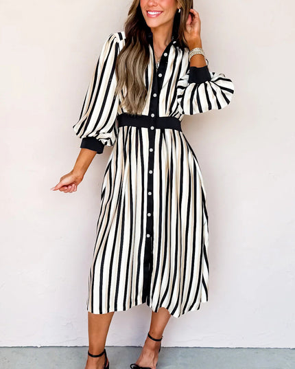 Black Stripe 3/4 Puff Sleeve Shirt Style Button Down Midi Dress