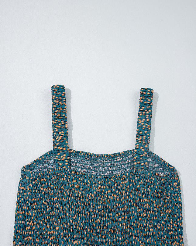 Green Floral Print Smocked High Waist Square Neck Jumpsuit