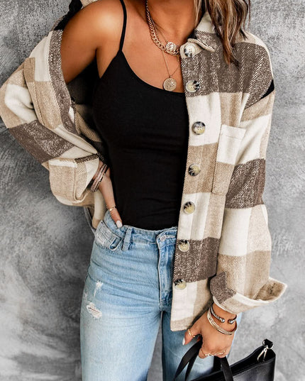 Khaki Plaid Color Block Shacket With Buttoned Pockets