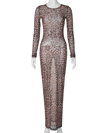 Leopard Print Mesh Maxi Dress: Long Sleeve See-Through Sexy Clubwear