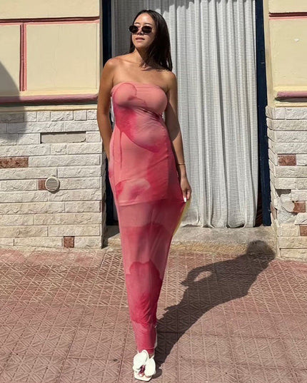 Contrast Color Tube Top Printing Dress