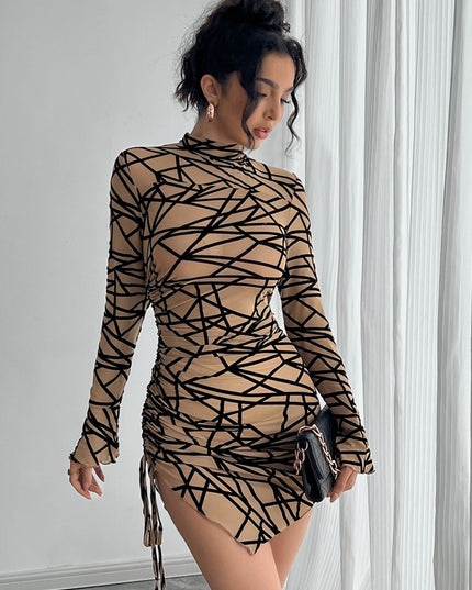Slim-fit Side Drawstring Stand-up Collar Long-sleeved Irregular Short Dress