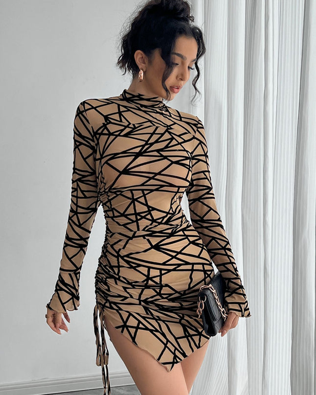 Slim-fit Side Drawstring Stand-up Collar Long-sleeved Irregular Short Dress