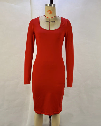 Fashion Square Collar Long Sleeve Solid Color Waist Tight Slimming Sheath Dress