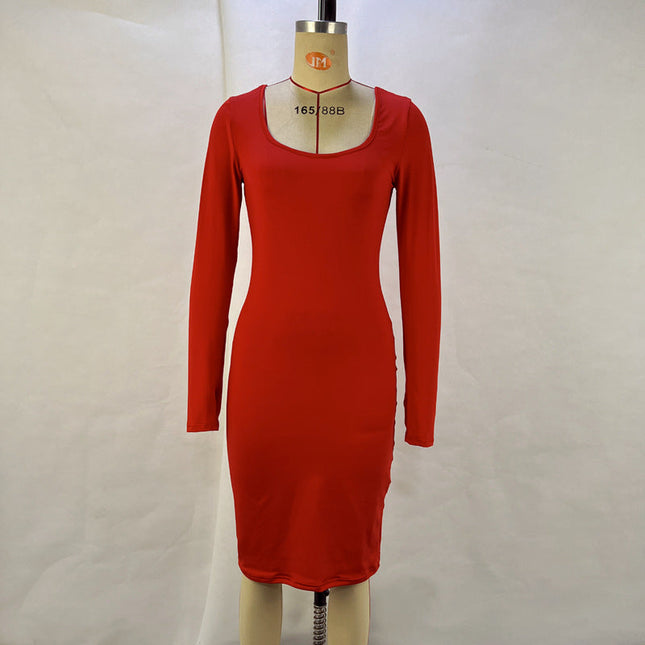 Fashion Square Collar Long Sleeve Solid Color Waist Tight Slimming Sheath Dress