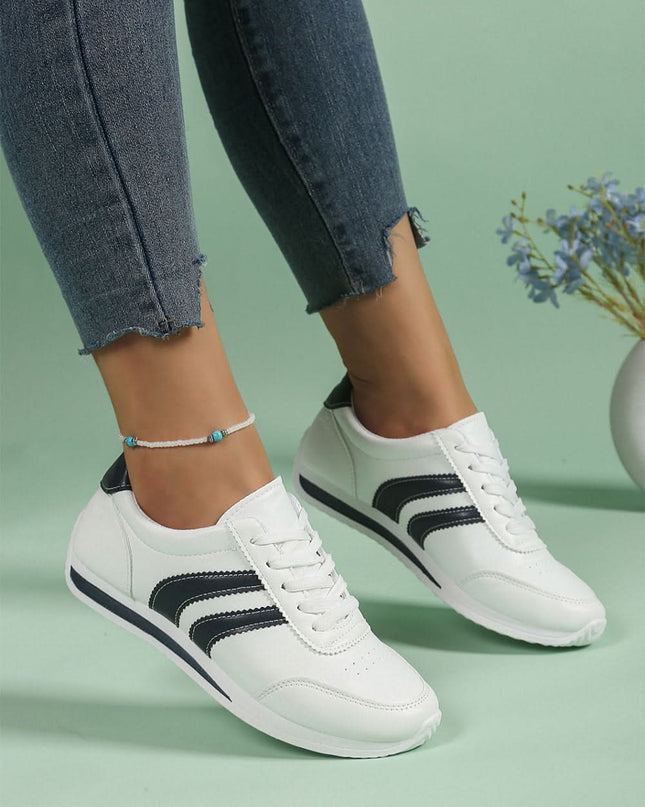 White PU Leather Striped Lace Up Casual Sneakers Everyday