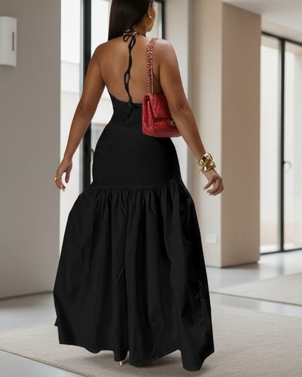 Black Maxi Wrap Skirt & V Neck Halter