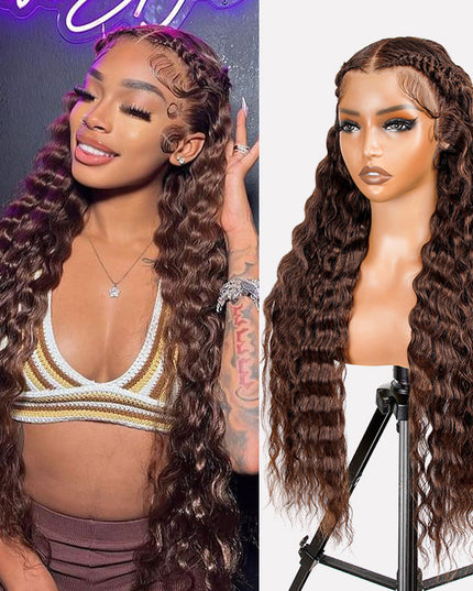 Brown 4# Color Pre-Braided Deep Stylist Wig Pre-Knots 13x4 Super Invisible Lace Front Wig 180% Density junoda