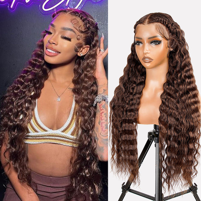 Brown 4# Color Pre-Braided Deep Stylist Wig Pre-Knots 13x4 Super Invisible Lace Front Wig 180% Density junoda