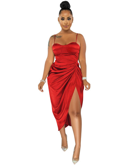 Fashion Solid Color Women's Sling Wrap Chest Ruched Slit Dress