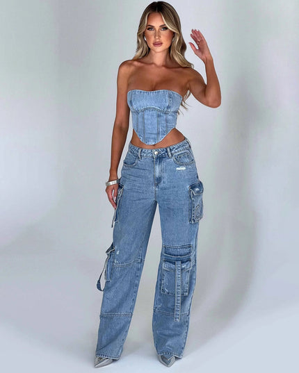 Tube Top And Pocket Stitching Jeans Pants