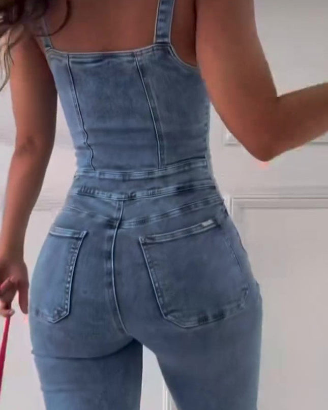 Sleeveless Paneled Zipper Denim Jumpsuit