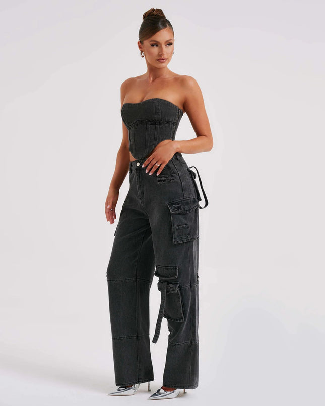 Tube Top And Pocket Stitching Jeans Pants
