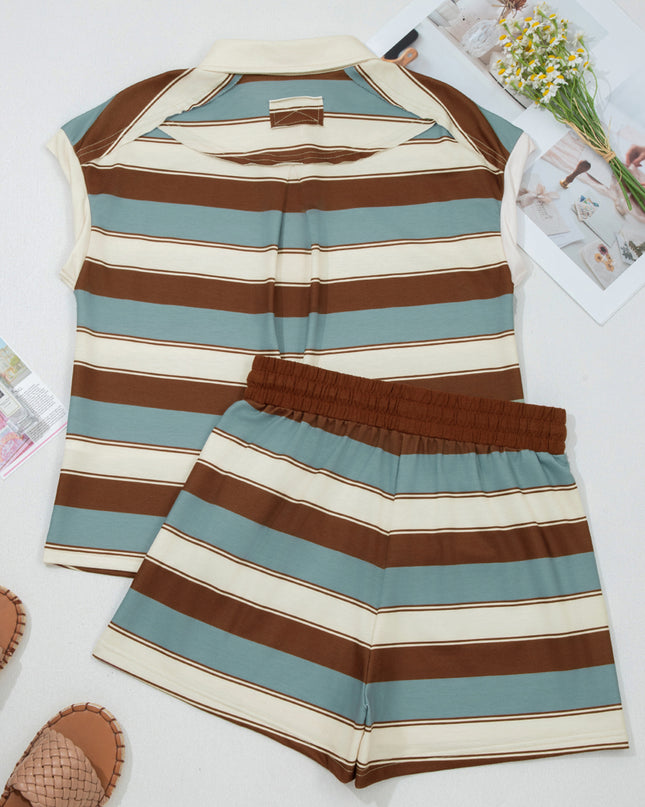 White Stripe Button Polo Collar Tee Drawstring Elastic Waist Patchwork 2pcs Short Set