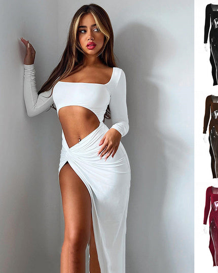 Womens Clothing Long Sleeve Dress Fashion Hollow U-neck Split Dress Party Wedding