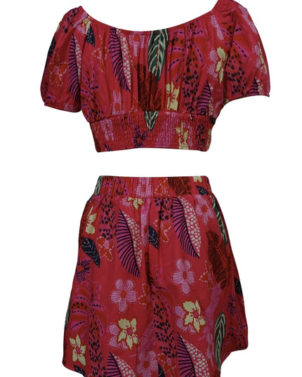 Flower Print Bubble Sleeves With Exposed Navel Short Top, Pleated Short Skirt Set