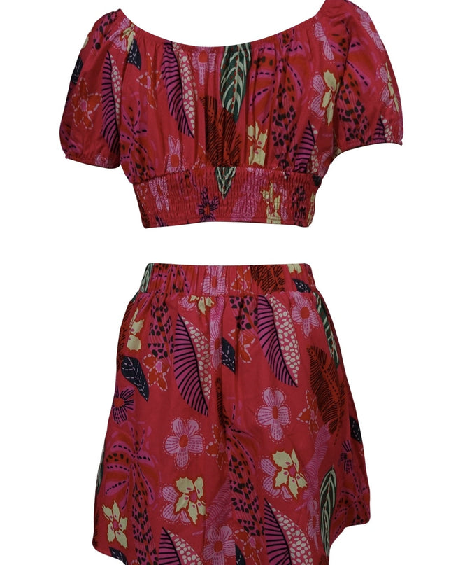 Flower Print Bubble Sleeves With Exposed Navel Short Top, Pleated Short Skirt Set