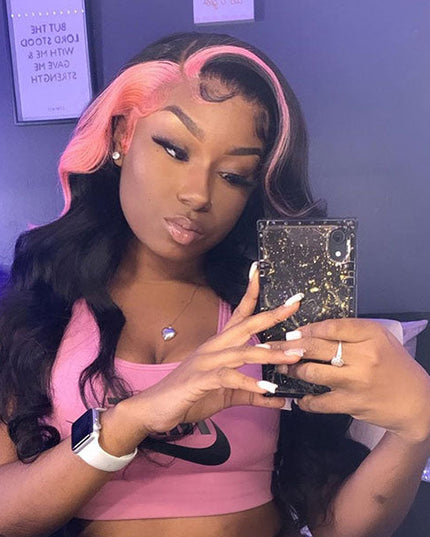 Queenleoraisback Recommendation Pink and Black Color Skunk Stripe Hair Body Wave Human Hair Lace Front Wigs 180 Density junoda