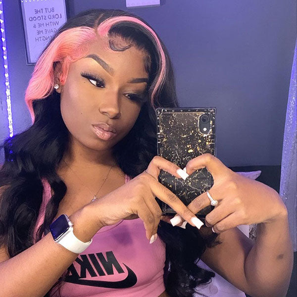 Queenleoraisback Recommendation Pink and Black Color Skunk Stripe Hair Body Wave Human Hair Lace Front Wigs 180 Density junoda
