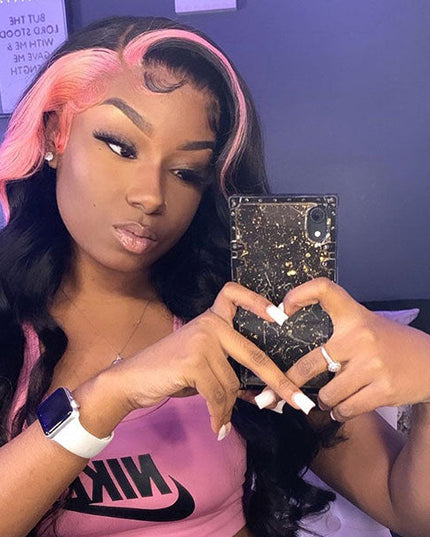 Pink and Black Color Skunk Stripe Hair Body Wave Human Hair Lace Front Wigs Fast Shipping junoda