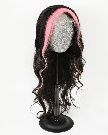 Queenleoraisback Recommendation Pink and Black Color Skunk Stripe Hair Body Wave Human Hair Lace Front Wigs 180 Density junoda