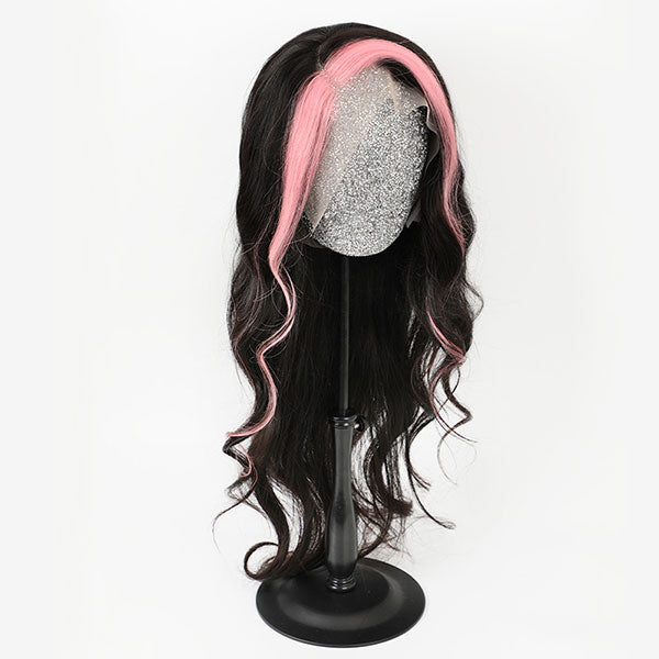 Queenleoraisback Recommendation Pink and Black Color Skunk Stripe Hair Body Wave Human Hair Lace Front Wigs 180 Density junoda