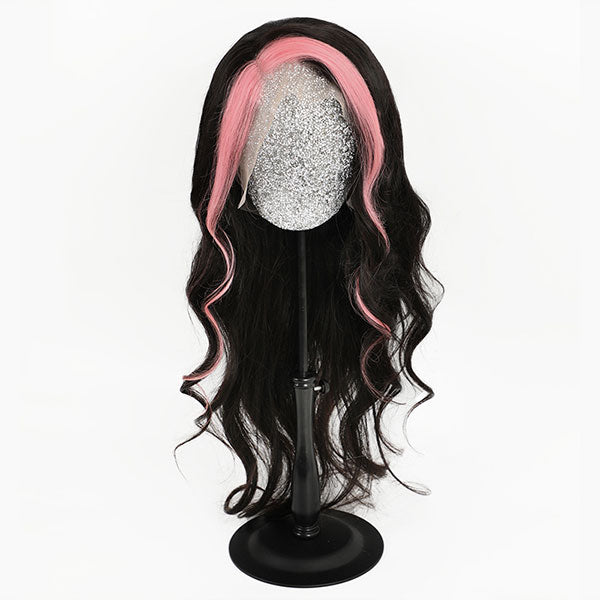 Queenleoraisback Recommendation Pink and Black Color Skunk Stripe Hair Body Wave Human Hair Lace Front Wigs 180 Density junoda