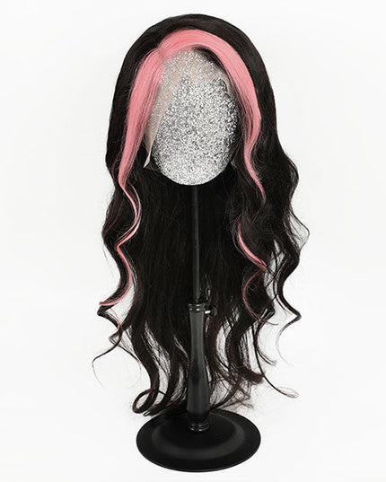 Pink and Black Color Skunk Stripe Hair Body Wave Human Hair Lace Front Wigs Fast Shipping junoda