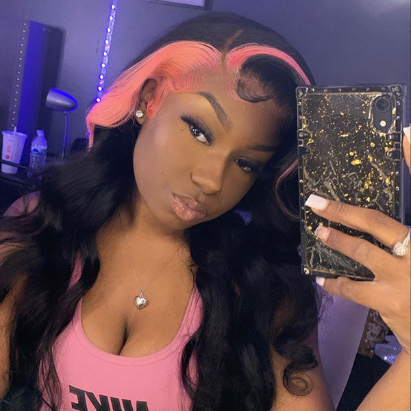 Queenleoraisback Recommendation Pink and Black Color Skunk Stripe Hair Body Wave Human Hair Lace Front Wigs 180 Density junoda