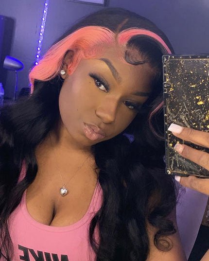 Pink and Black Color Skunk Stripe Hair Body Wave Human Hair Lace Front Wigs Fast Shipping junoda
