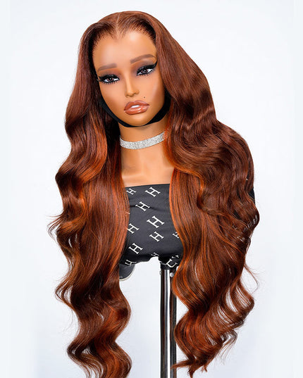 Lagos Hairline Body Wave Dark Burnt Orange Highlight Wig Human Hair Glueless 13x4 Lace Front Wig junoda