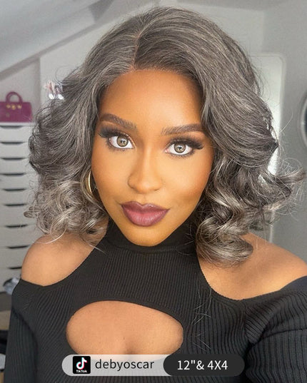 Junoda Silver Grey Salt and Pepper Loose Body Wave Bob Wig Blunt Cut Short Bob Human Hair Pre Cut Lace Wigs junoda
