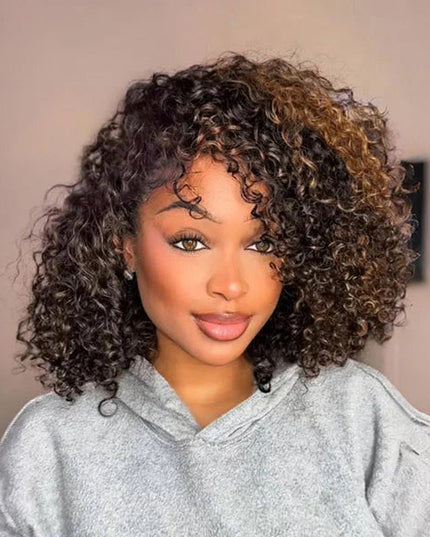 Highlight Brown Water Wave Drawstring Wig Invisible Hairline Drawstrings Wig junoda