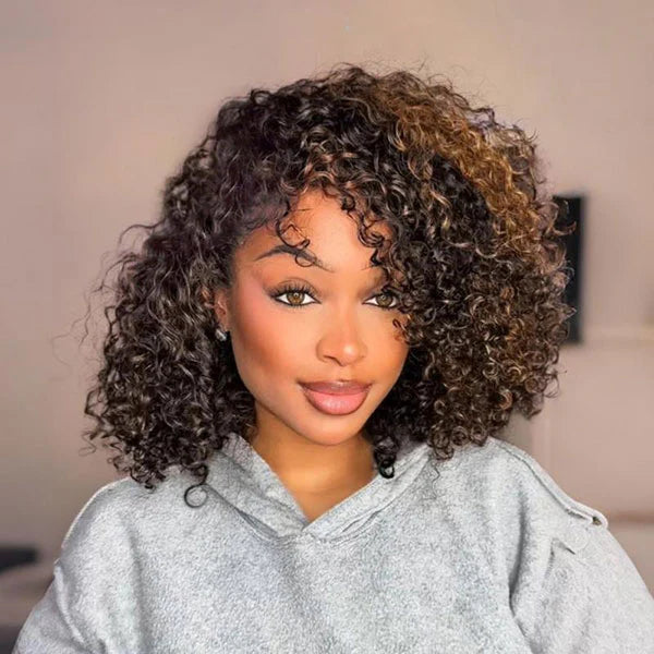 Highlight Brown Water Wave Drawstring Wig Invisible Hairline Drawstrings Wig junoda