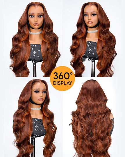 Lagos Hairline Body Wave Dark Burnt Orange Highlight Wig Human Hair Glueless 13x4 Lace Front Wig junoda
