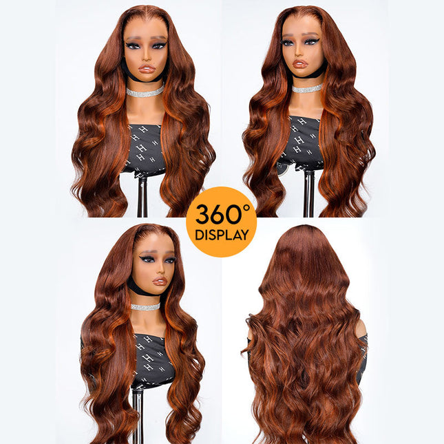 Lagos Hairline Body Wave Dark Burnt Orange Highlight Wig Human Hair Glueless 13x4 Lace Front Wig junoda