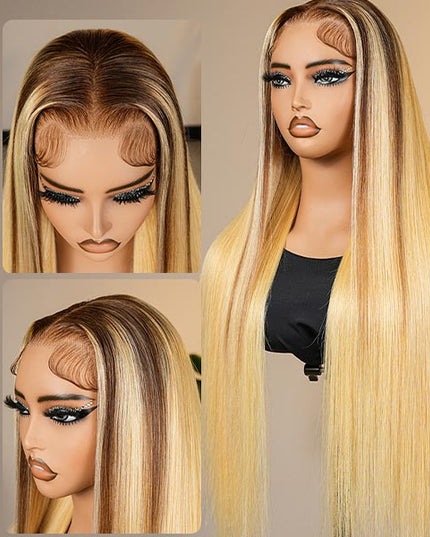 Honey Blonde Ombre Wig Super Invisible Lace Wig Straight Human Hair With Dark Roots junoda