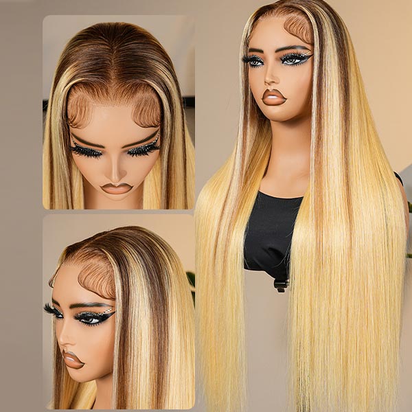 Honey Blonde Ombre Wig Super Invisible Lace Wig Straight Human Hair With Dark Roots junoda